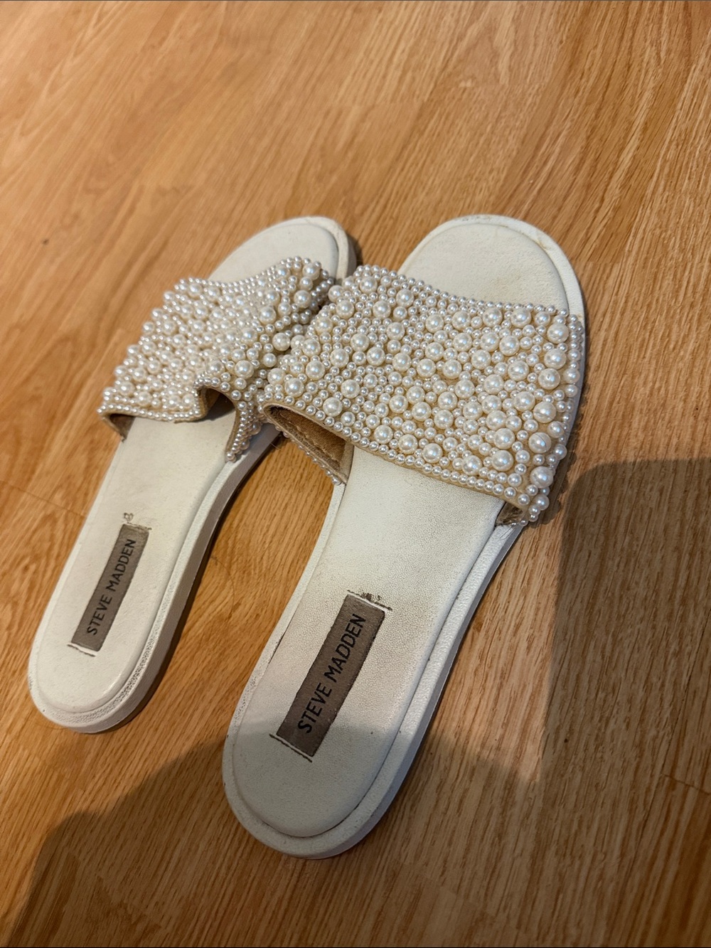 Steve Madden Pearl-Embellished Slide Sandals - Ivory/Cream